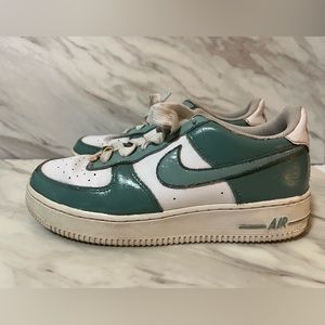 Custom painted Nike Air Force 1 shoes in two-tone sage green, size 8-8.5